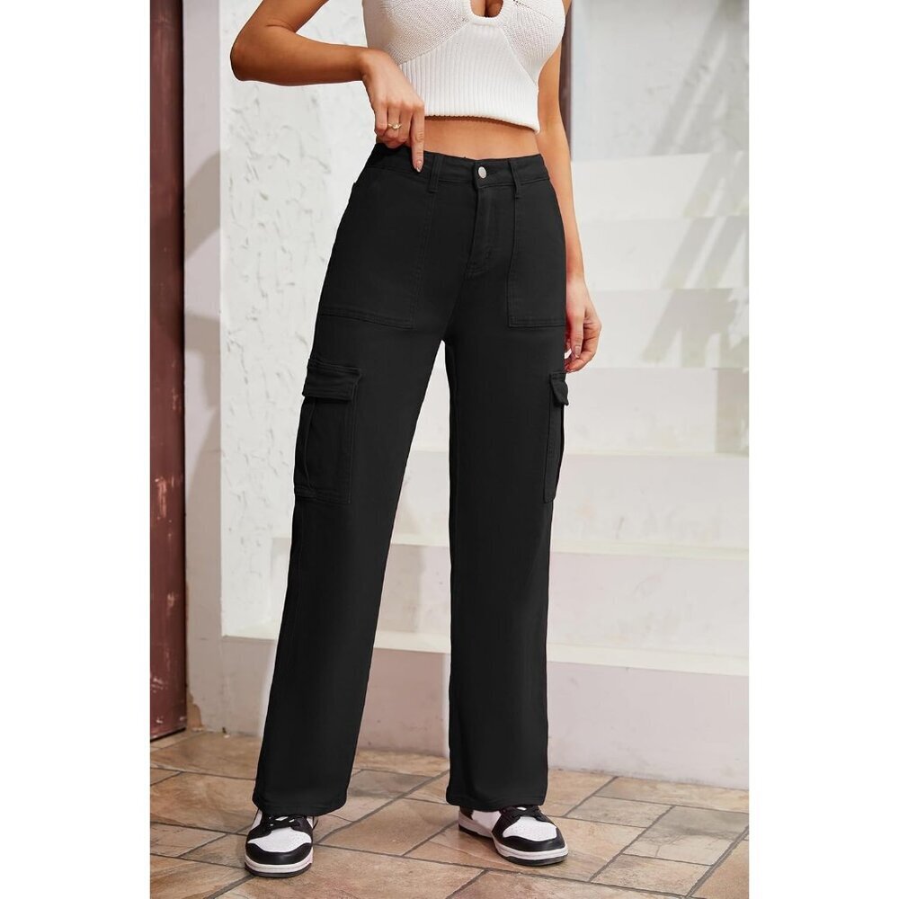 High Waist Cargo Pants Women Cotton Spandex Relaxed Fit Pockets Wide Leg - Picture 3 of 5